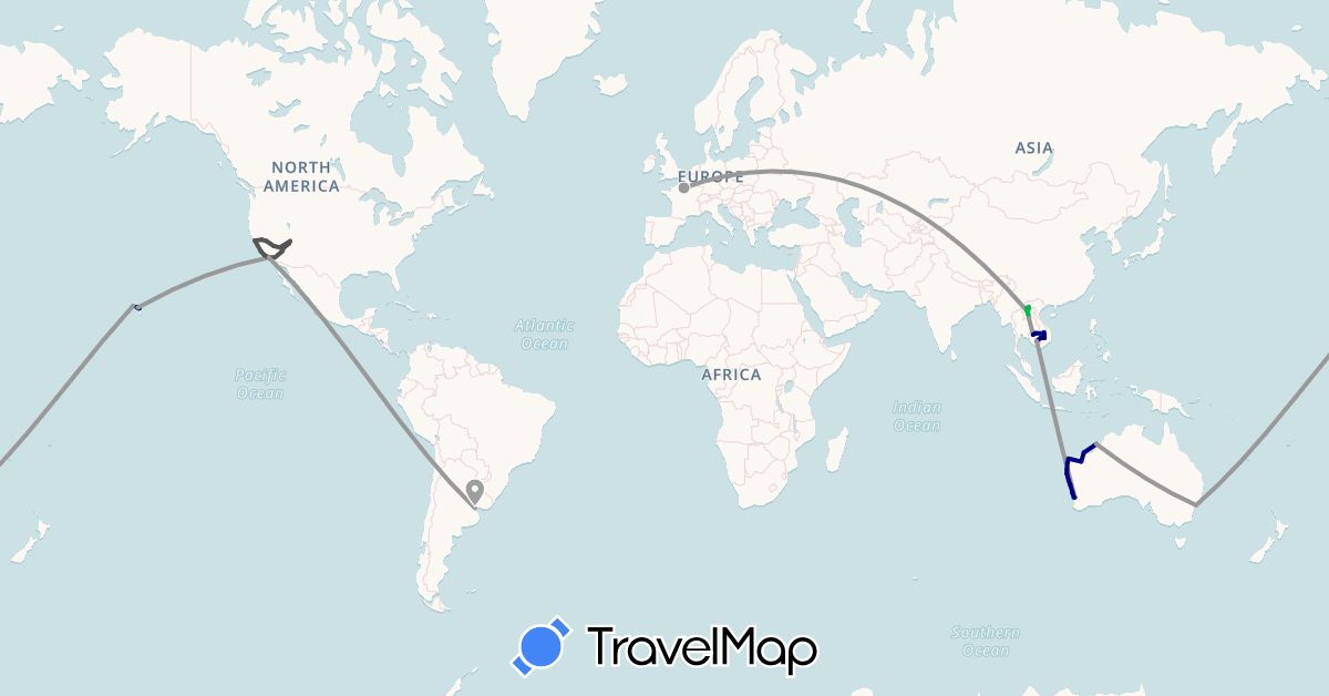 TravelMap itinerary: driving, bus, plane, boat, motorbike in Argentina, Australia, France, Cambodia, Laos, United States (Asia, Europe, North America, Oceania, South America)
